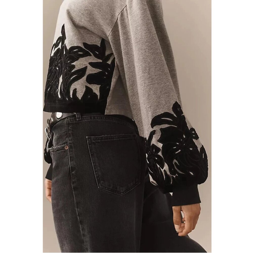 Anthropologie Velvet Embroidered Floral Applique Sweatshirt Top Grey S - Picture 3 of 13